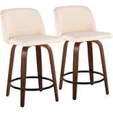 Toriano 24" Swivel Counter Stool in Walnut Wood & Cream Leatherette with Black Footrest (Set of 2)